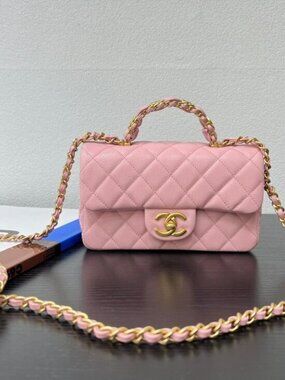 Chanel Mini Flap Pink Caviar Leather Gold Hardware Top Handle Chain Crossbody